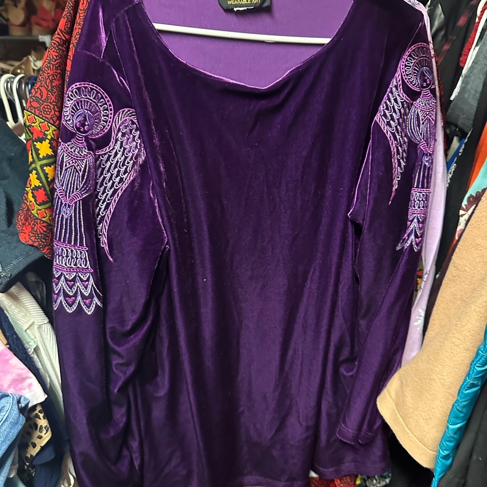 Bob Mackie Purple Velvet Blouse with‎ Embroidered Sleeves